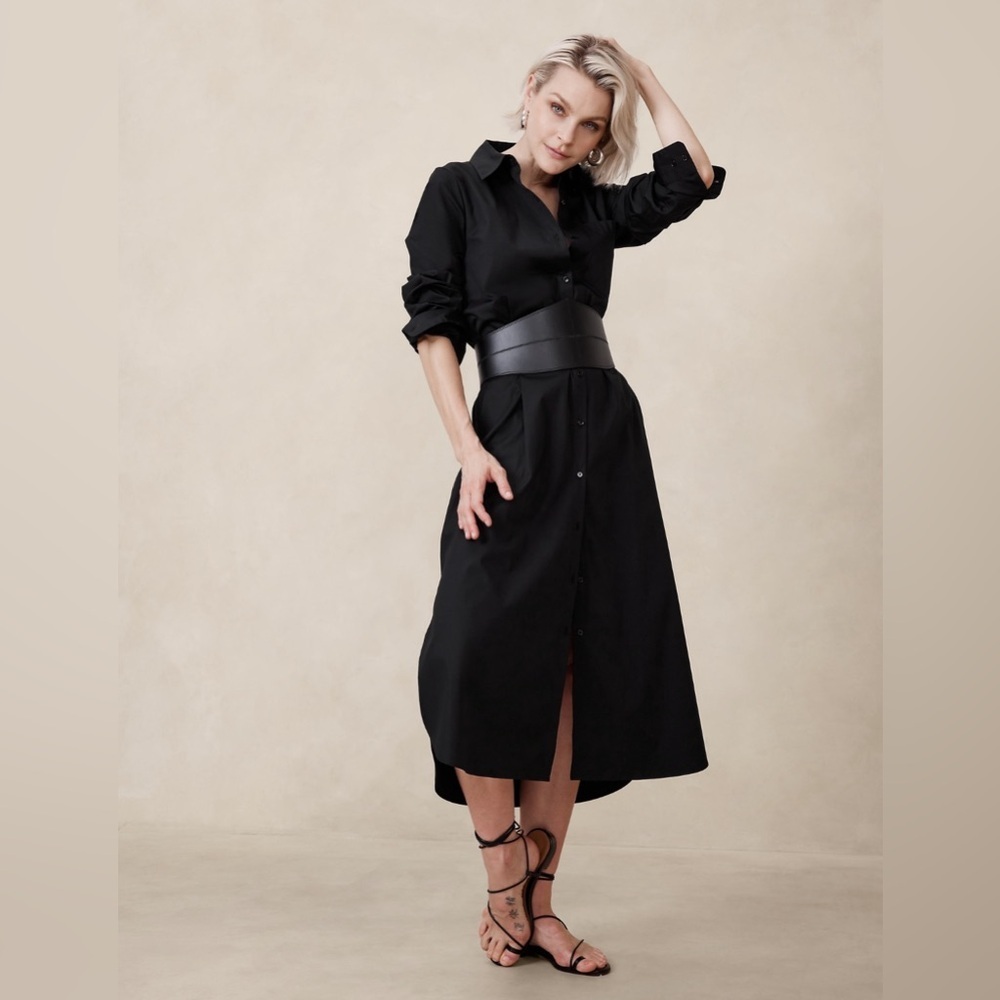 NWOT Banana Republic Black Poplin Maxi Shirtdress in Black (Size XS)